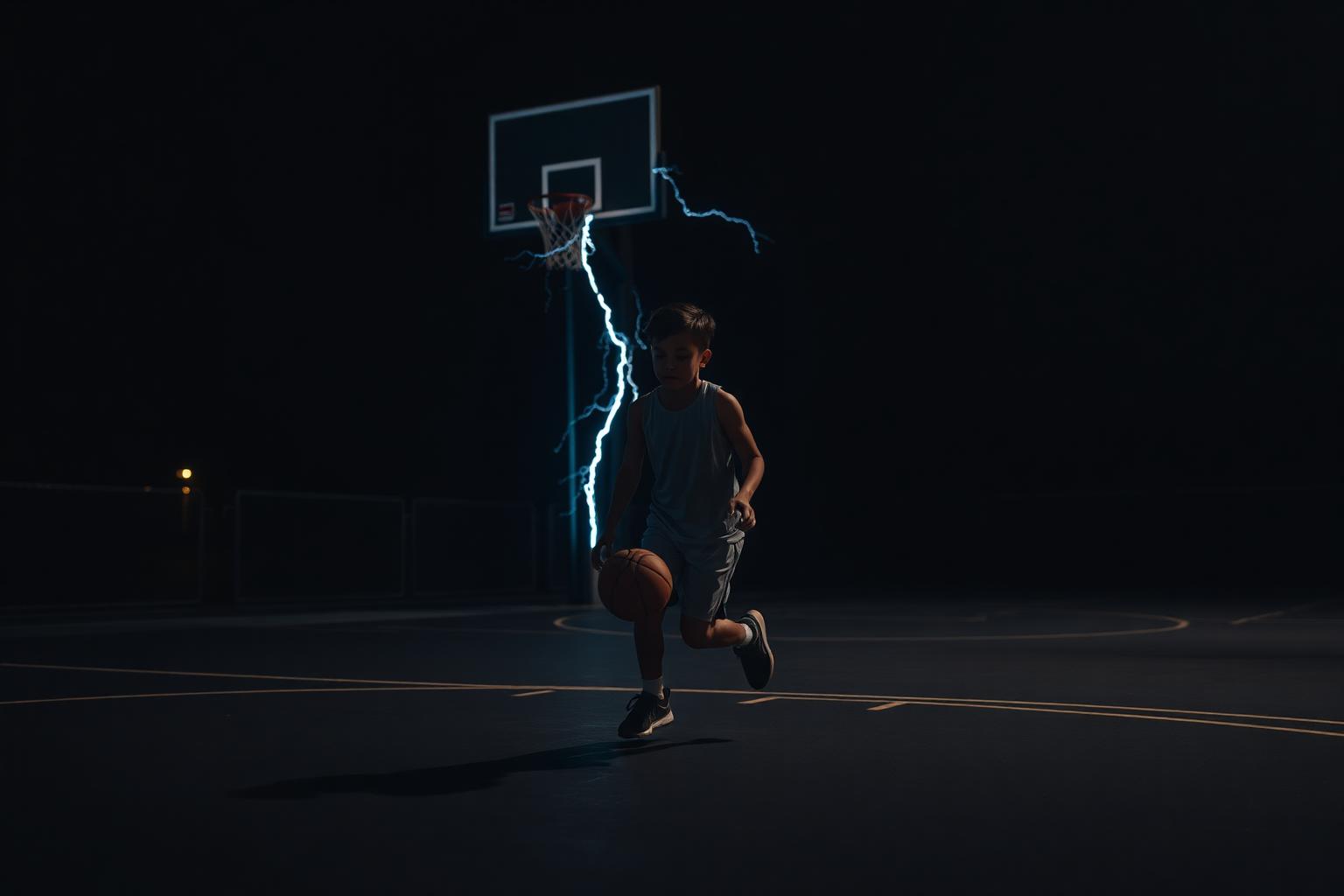 Young basketball player driving on a court lit with electric blue lightning